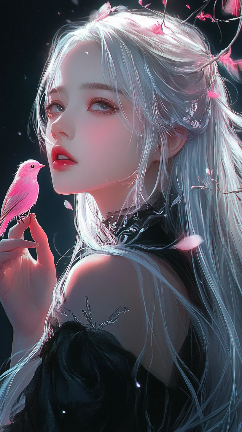Silver haired girl with tiny pink bird in magenta glow
