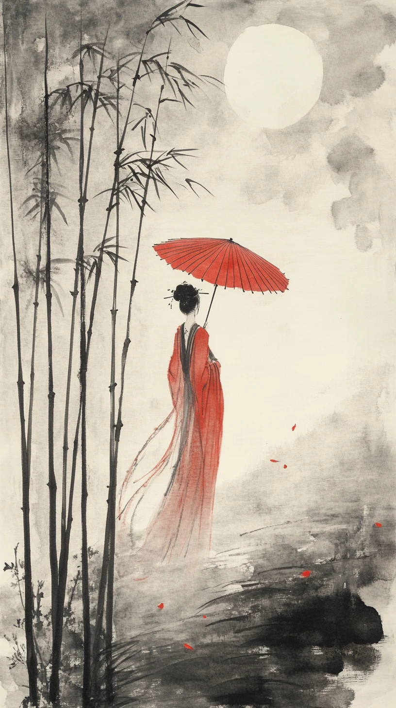 Woman in red robe beneath bamboo under a full moon