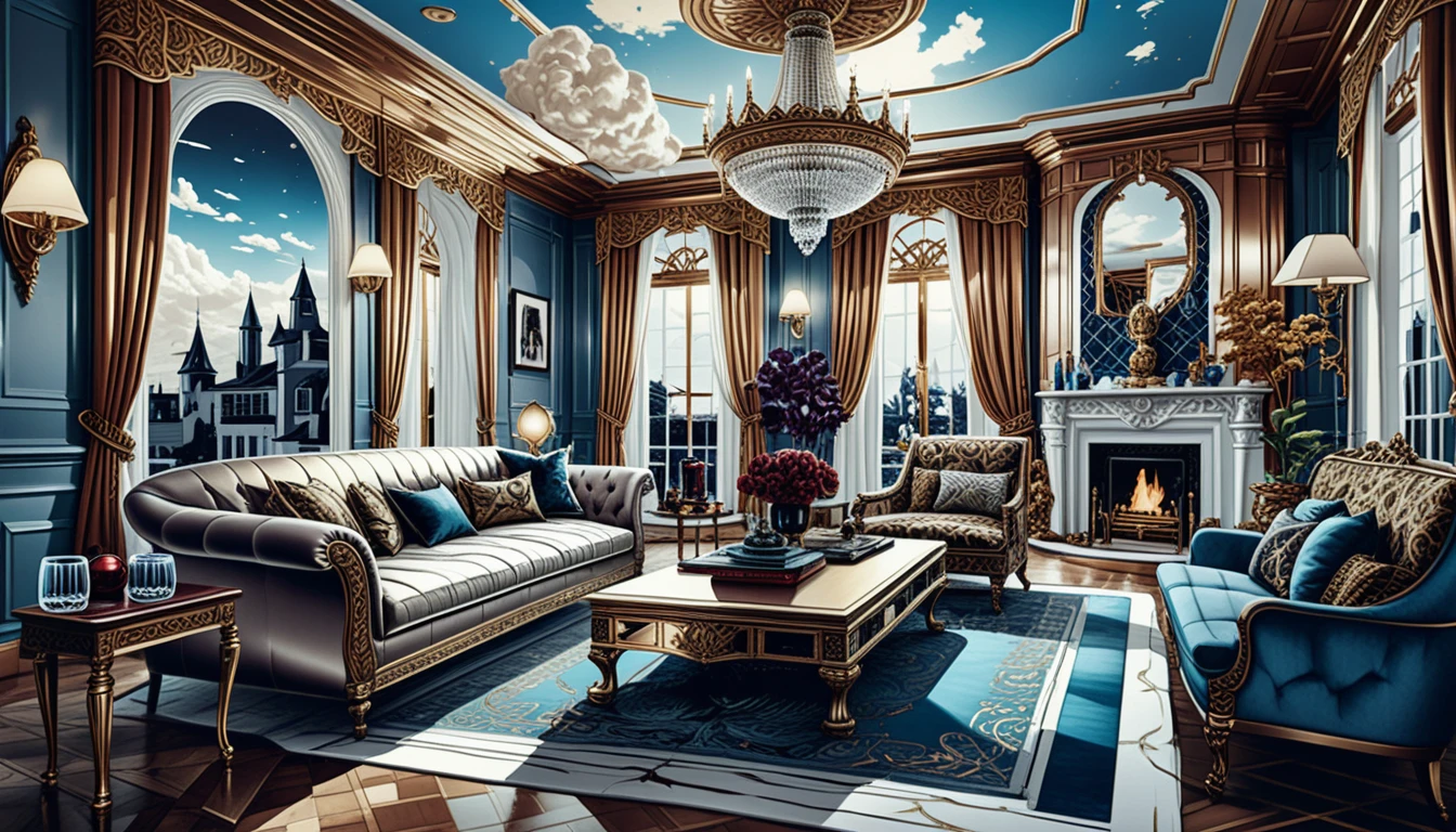 Dark fantasy manor room with ornate luxurious interior