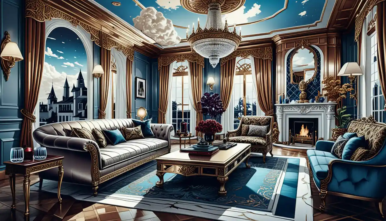 Dark fantasy manor room with ornate luxurious interior