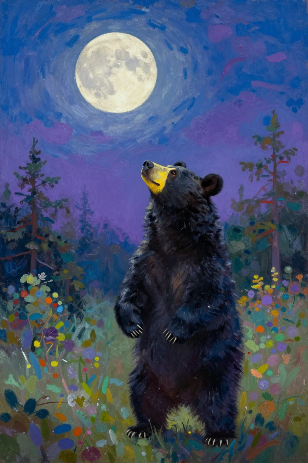 Oso negro de pie bajo una luna llena resplandeciente