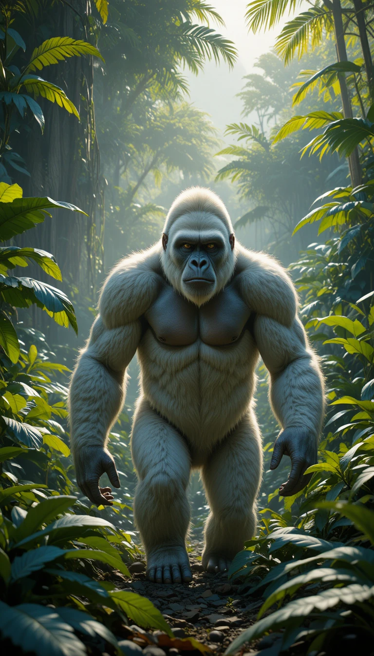 White gorilla walking through a dense sunlit jungle
