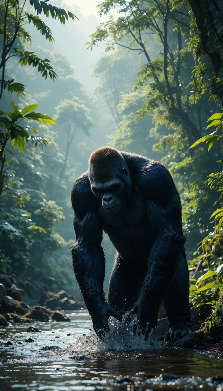 Powerful black gorilla drinking from a jungle river