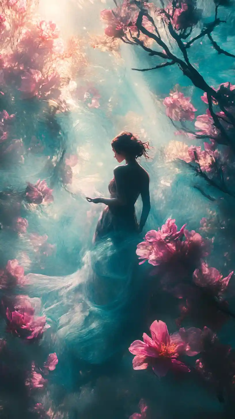 Ethereal Woman Among Giant Magenta Blossoms At Twilight