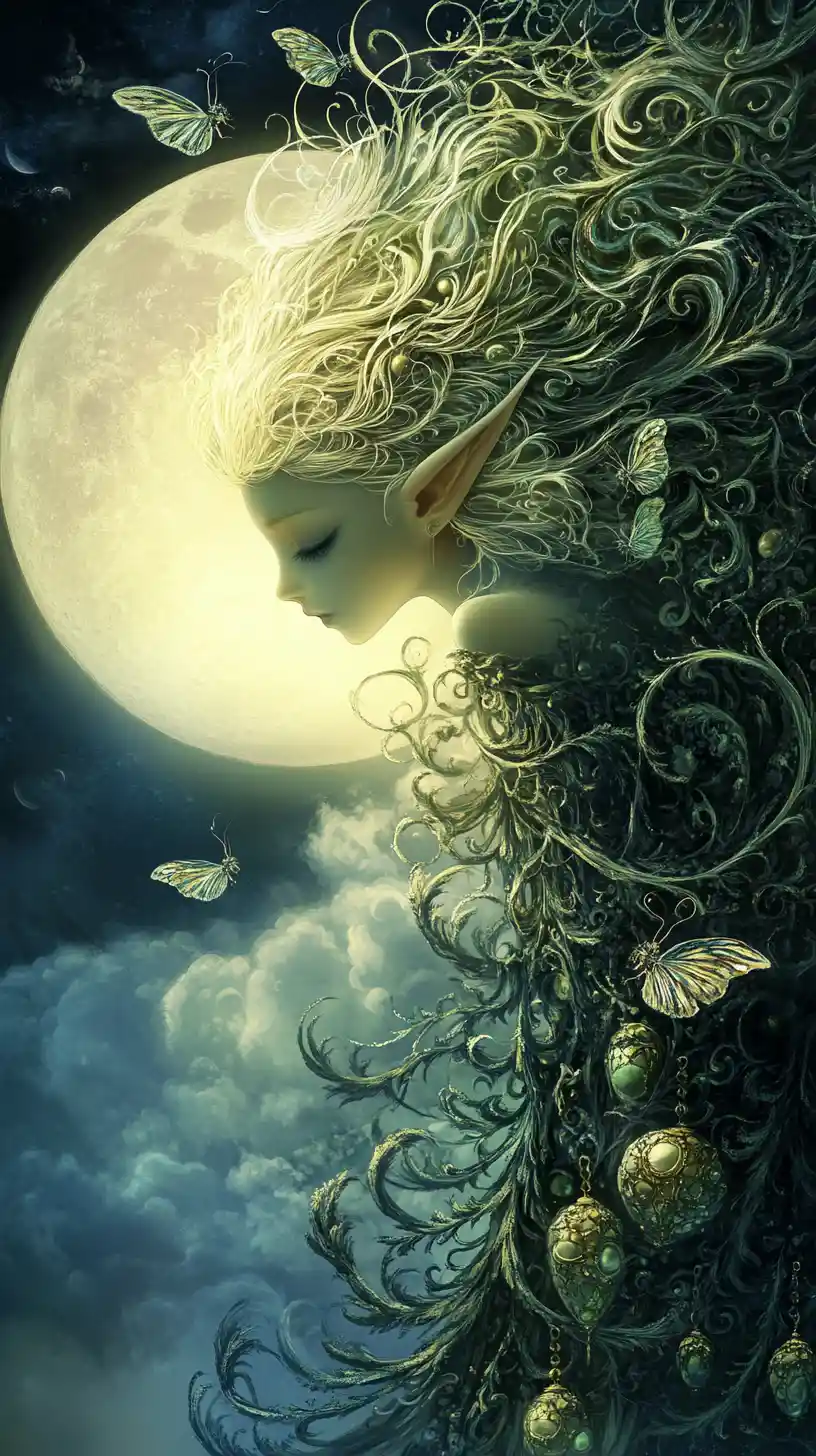Ethereal Elf Drifting Through Moonlit Mystical Landscape