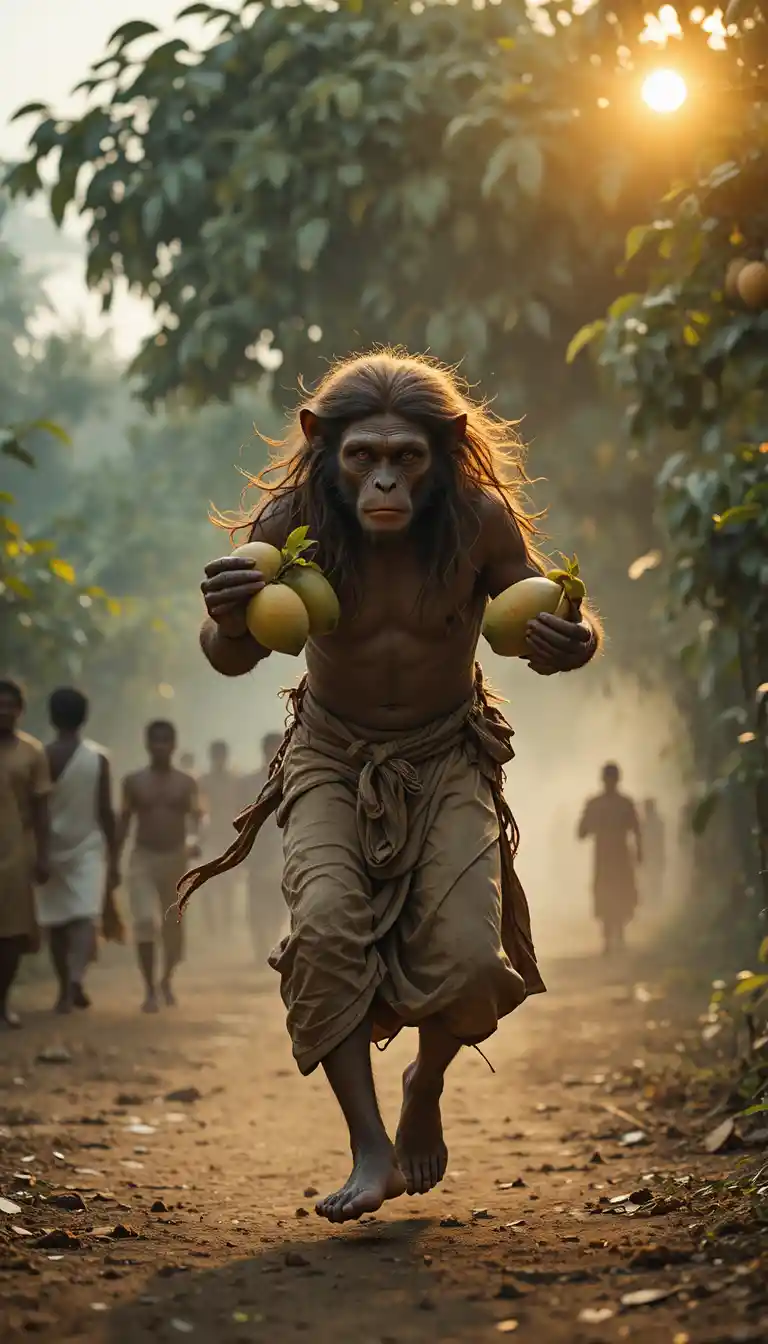 Monkey thief fleeing villagers under a sunrise in India