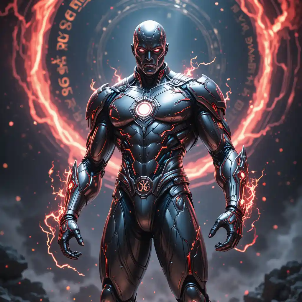 Cosmic armored superhero in a celestial void with red energy
