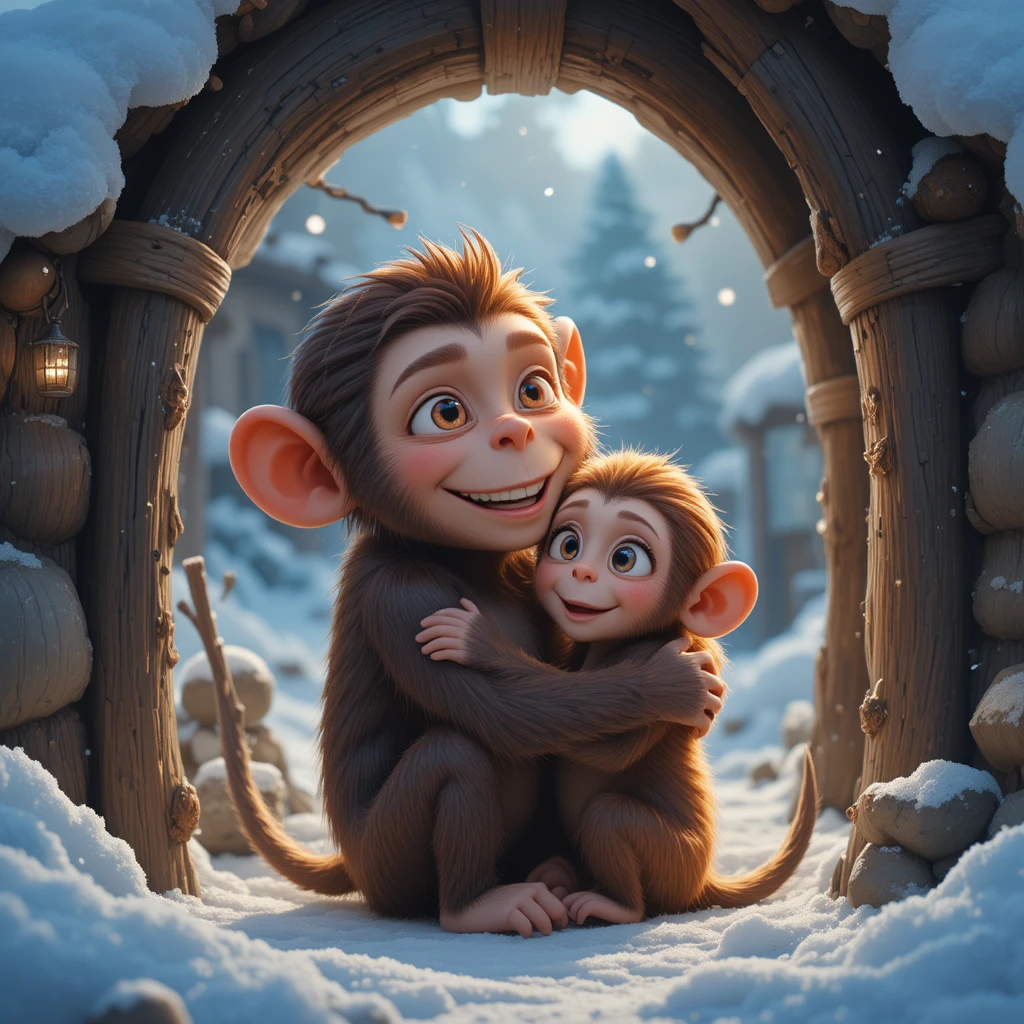 Mama mono abrazando a su bebé en una acogedora casa de nieve