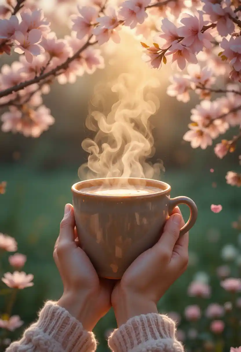 Manos sosteniendo una taza de café humeante bajo flores de primavera
