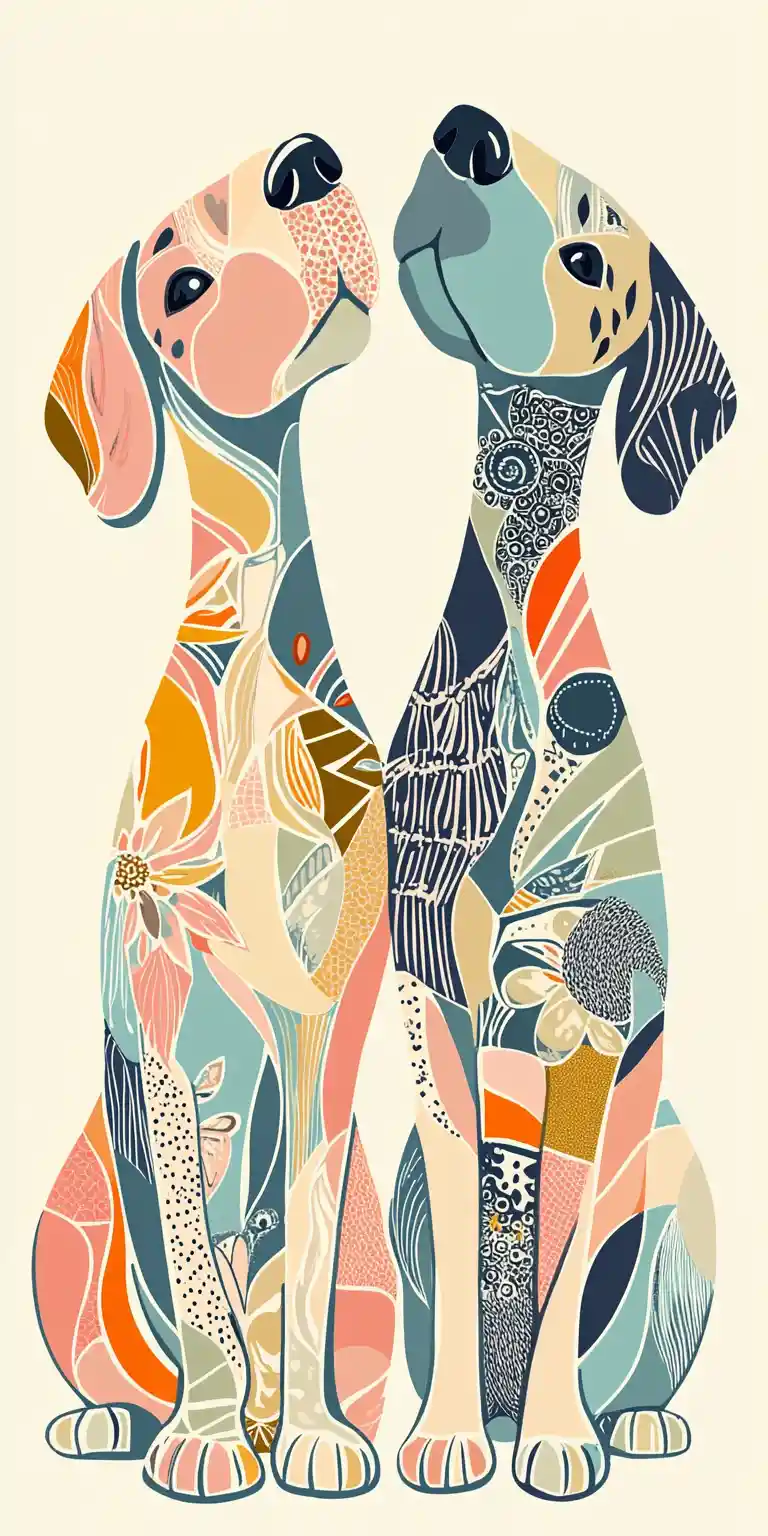 Two stylized zentangle dogs in symmetrical folk art illustration