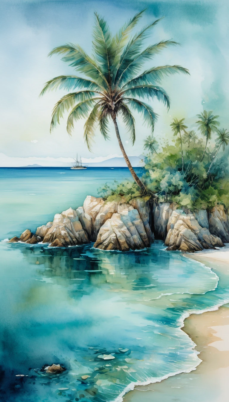 Einsame Palme auf winziger Insel im blaugrünen Meer