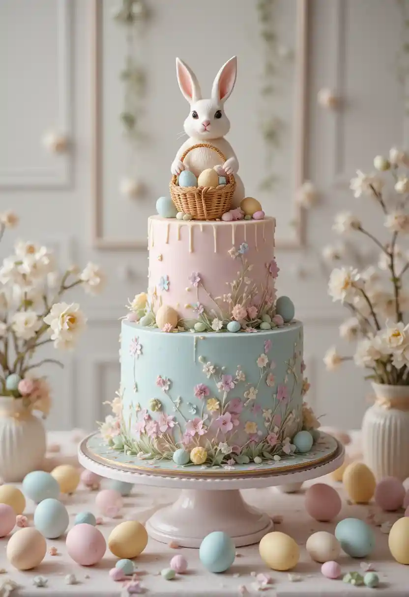 Elegante pastel de Pascua de tres pisos con figura de conejo