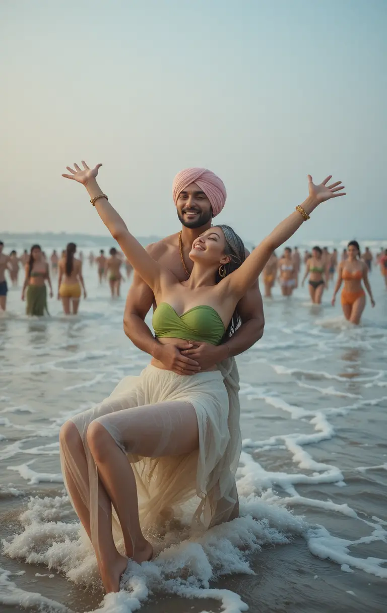 Joyful woman embraced by man on crashing ocean shore