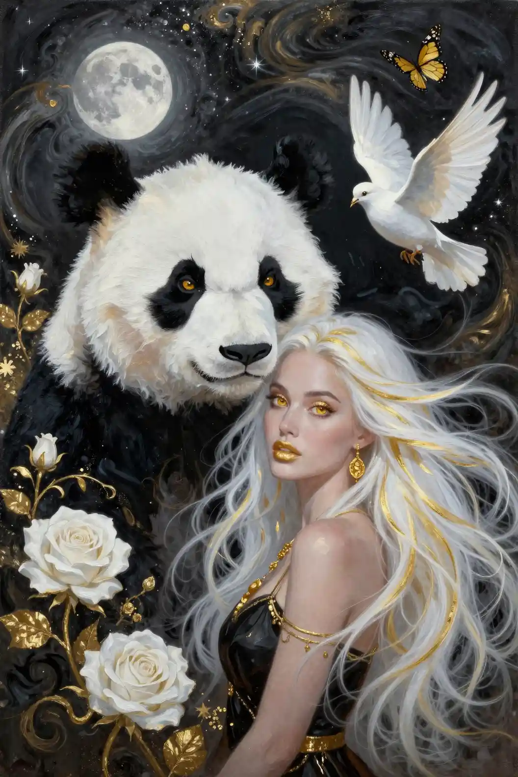 Panda de pelaje blanco y mujer con ojos dorados en pintura al óleo