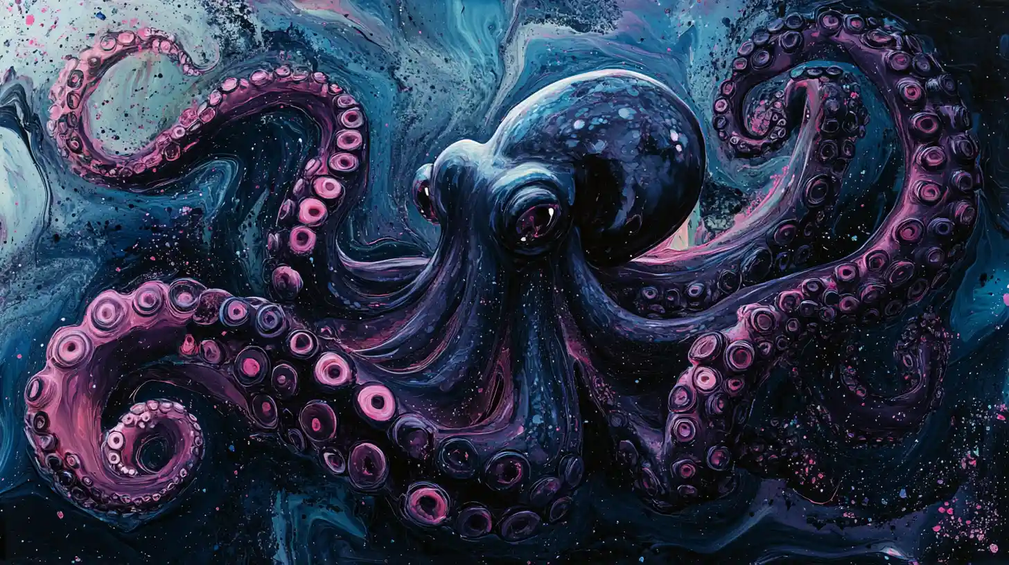 Surrealer Oktopus, der aus dunkler Tinte mit leuchtenden Spritzern auftaucht