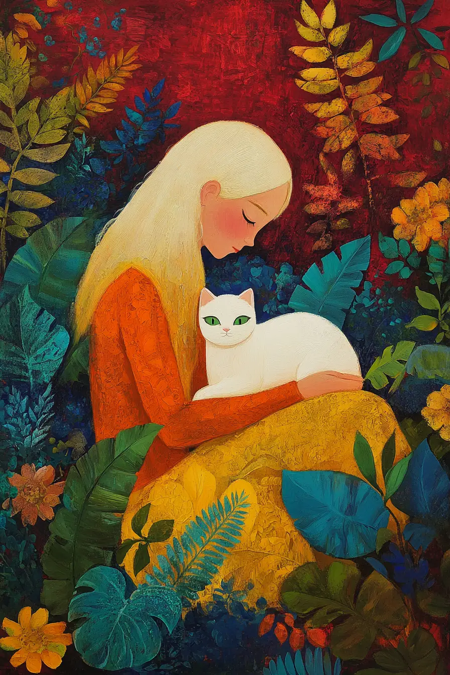 Young woman with white cat in lush floral garden