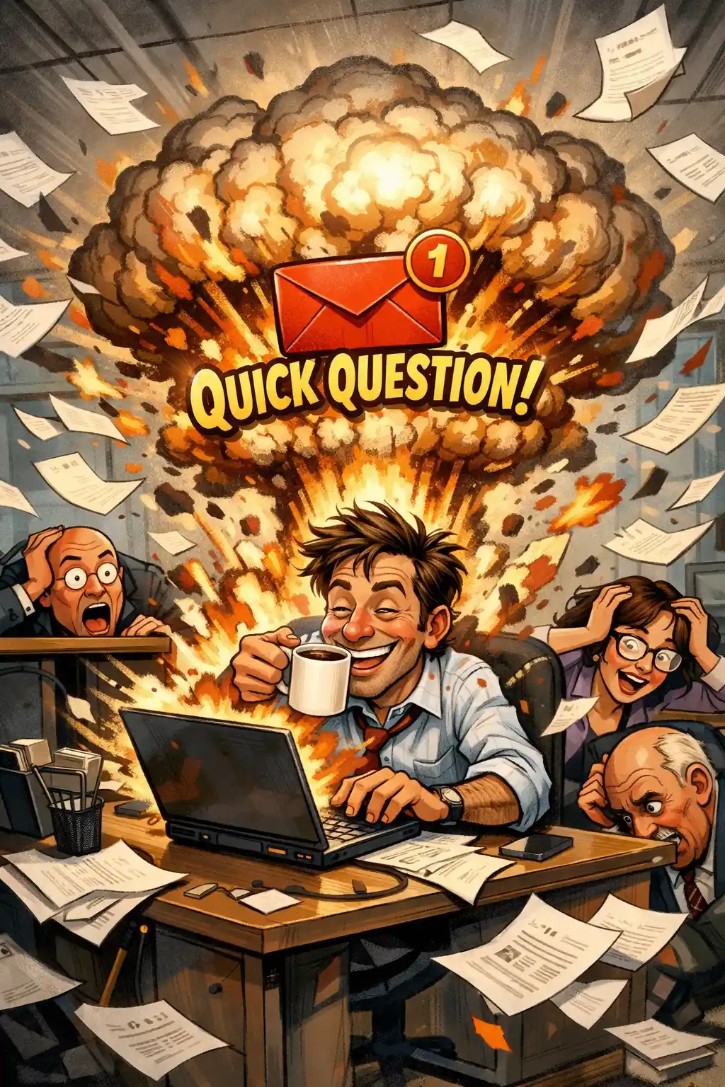 Employé de bureau épuisé frappé par une notification d’e‑mail explosive
