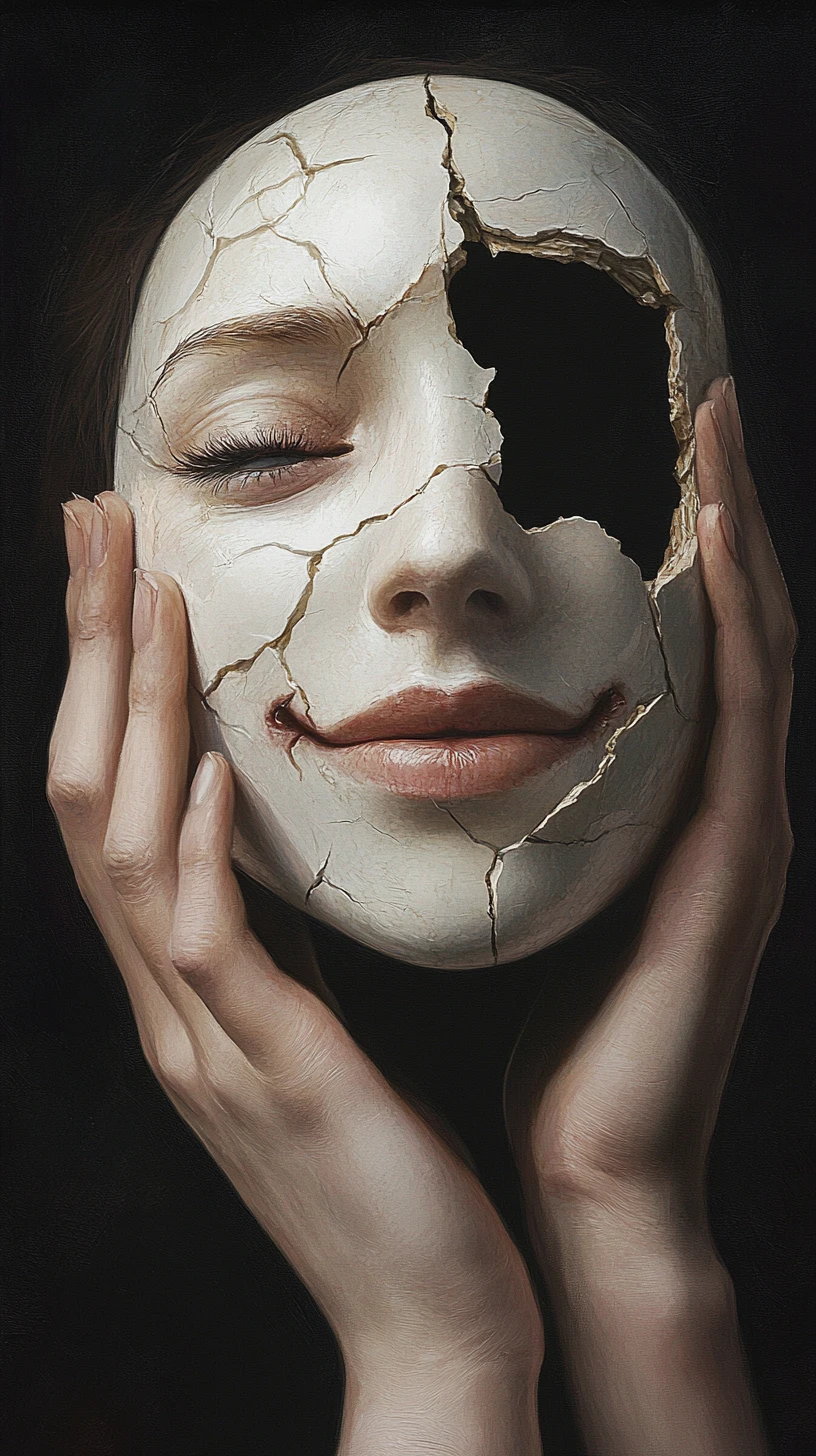 Person Holding Cracked Porcelain Mask Revealing Tired Eyes