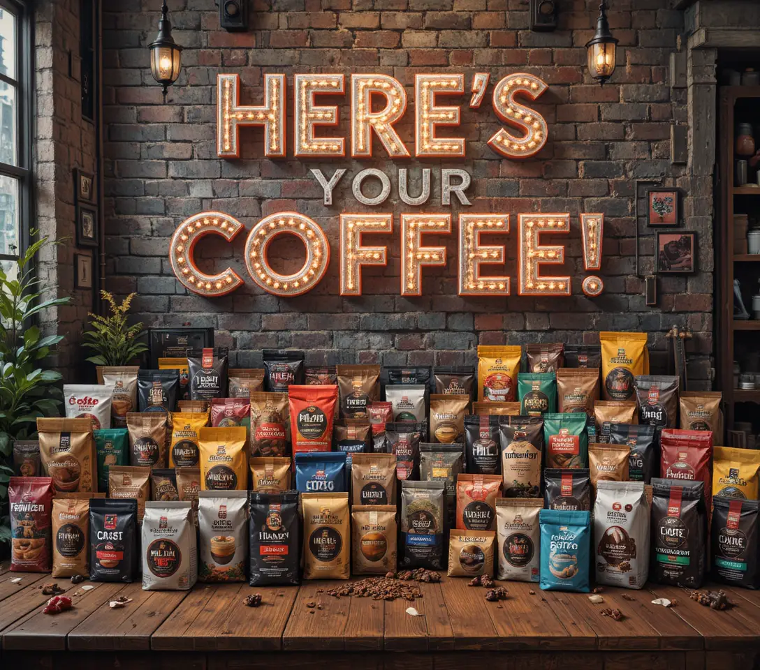 Coffee packages piled on a wooden table against brick wall