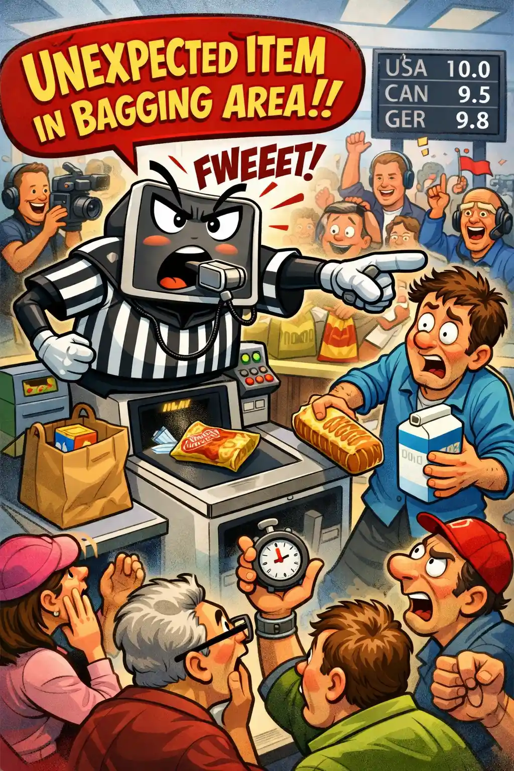 Cartoon self checkout referee scolding a confused grocery shopper