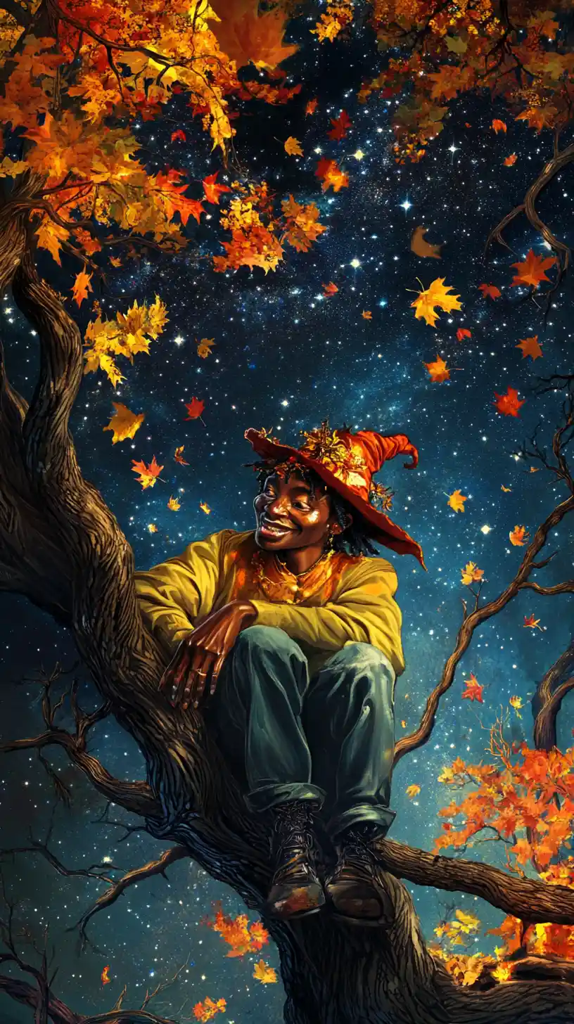 Mischievous trickster spirit in a magical autumn forest
