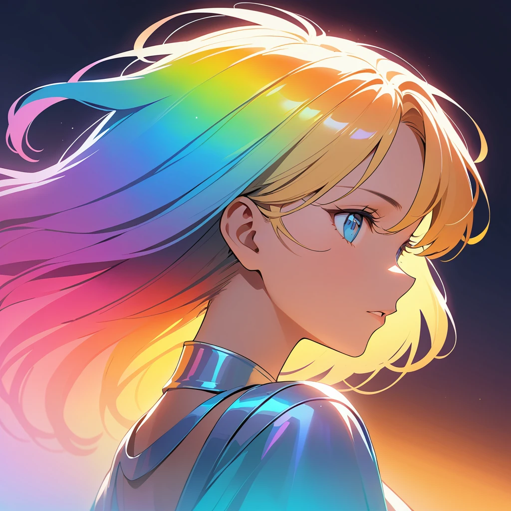 Backlit angelic blonde woman in rainbow cinematic glow