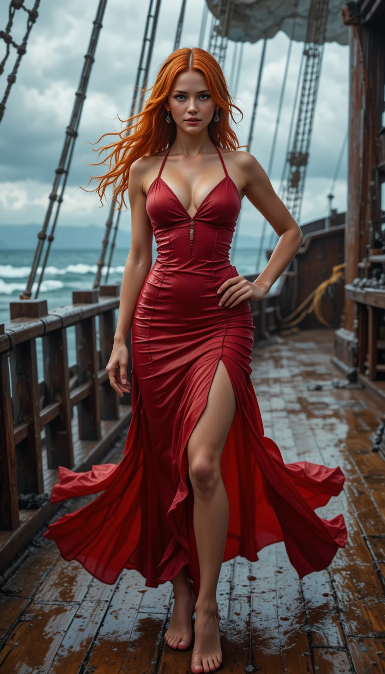 Wet haired woman in red dress on ocean ship deck