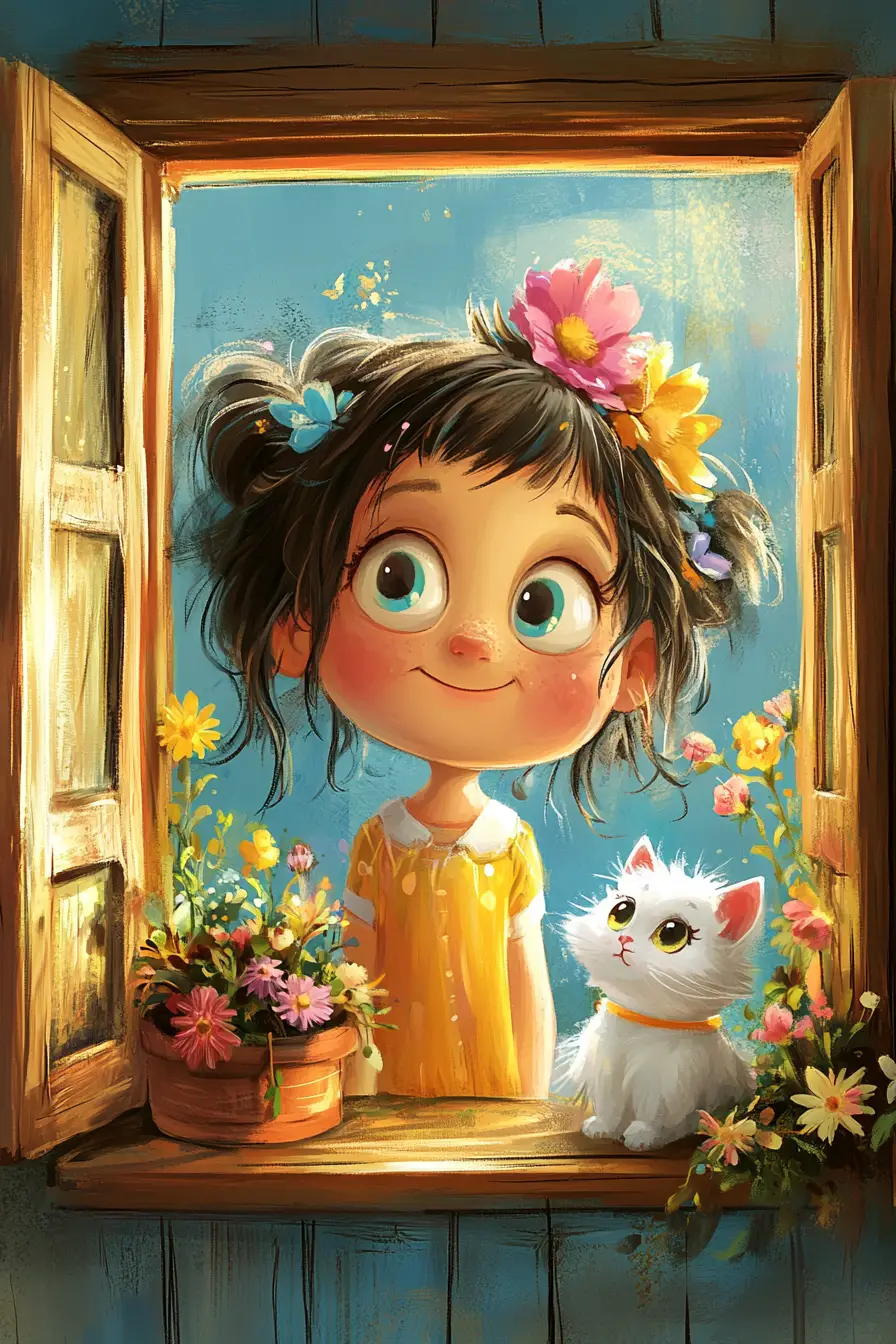 Smiling girl at an open window with a fluffy cat
