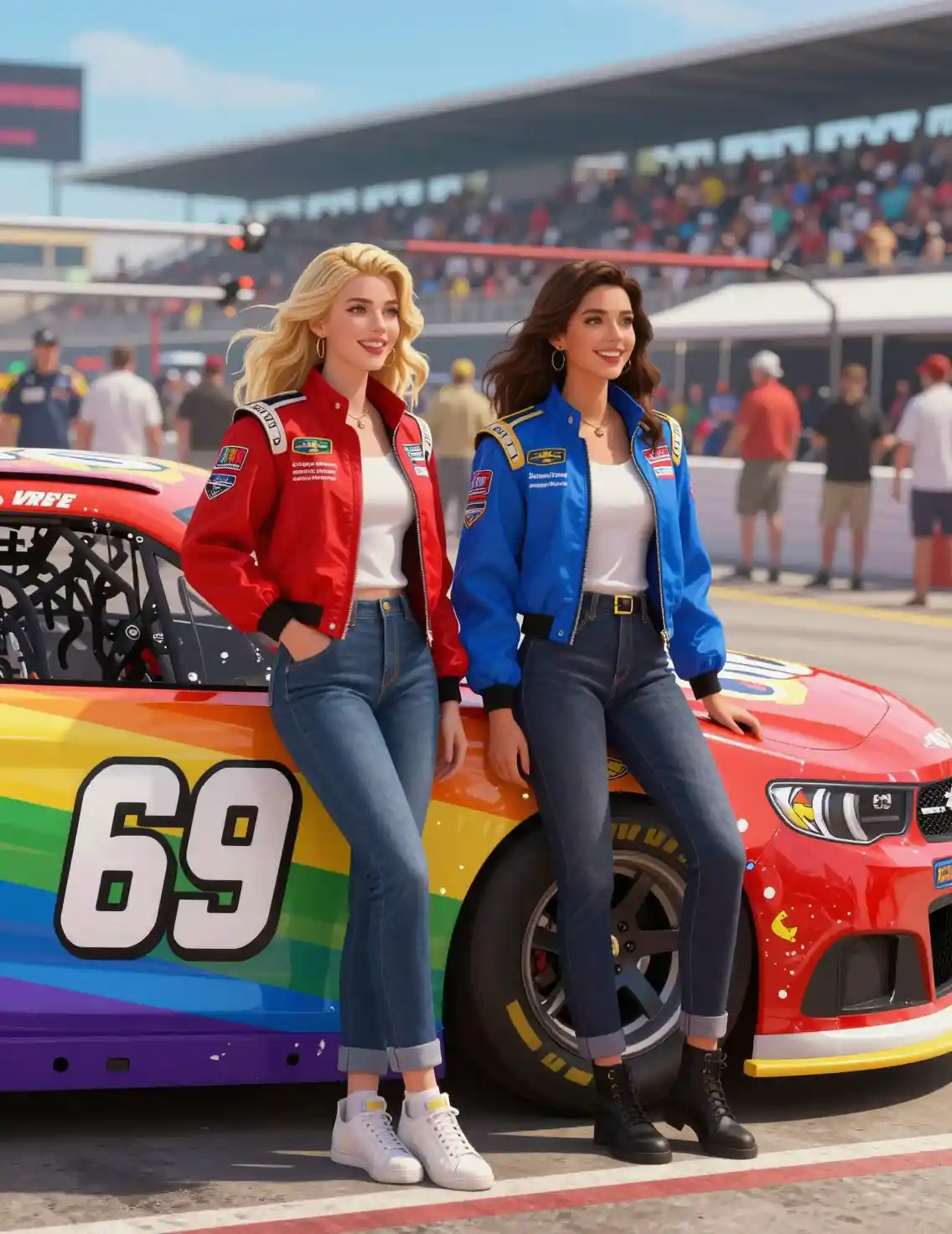 Zwei Rennfans posieren neben einem bunten Chevy-Stockcar