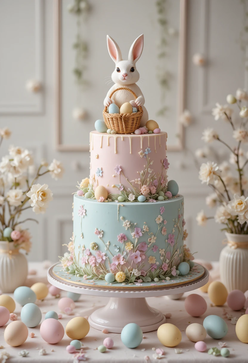 Elegante pastel de Pascua de tres pisos con figura de conejo