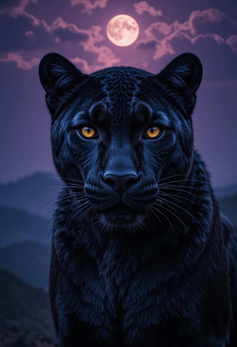 Schwarzer Panther aus nächster Nähe unter einem stimmungsvollen mondbeschienenen Nachthimmel