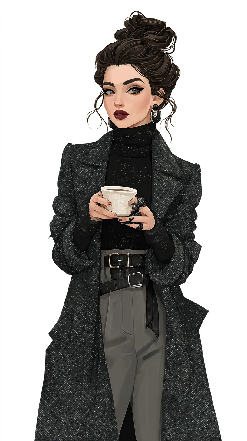 Stylish woman with coffee in a refined winter outfit