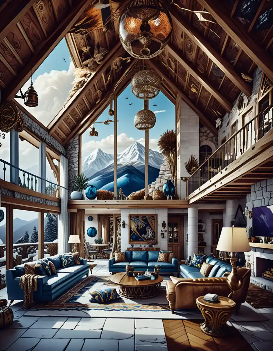 Luxurious rustic mountain cabin with stylized isometric interior