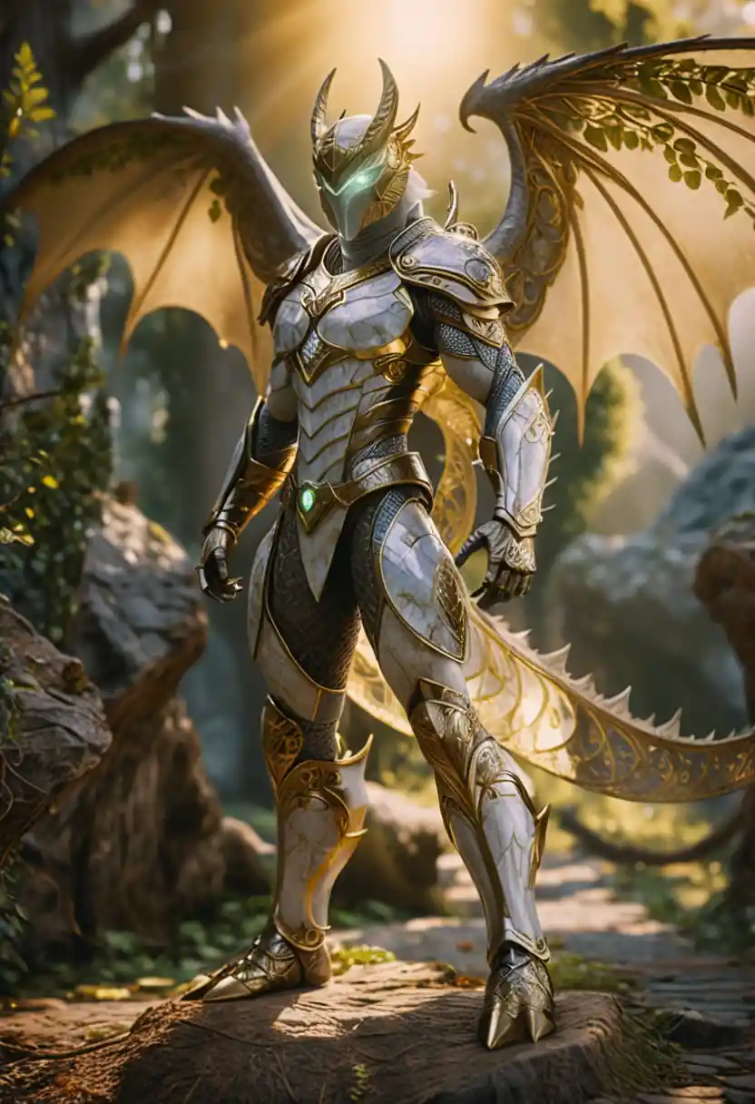 Android druid leaning against a tree in ancient ruins