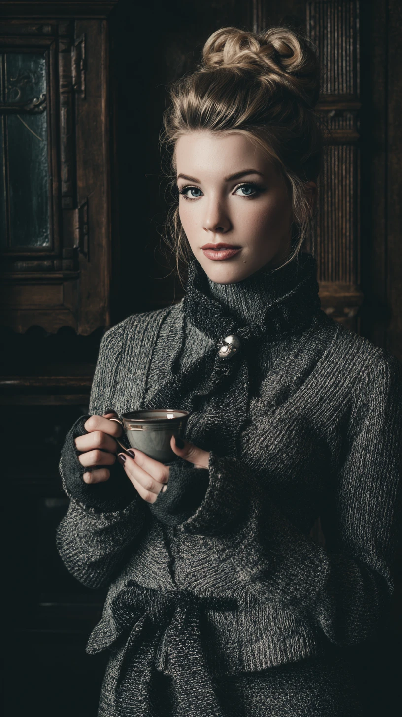 Frau im Arcane-Style mit Kaffee im Winteroutfit
