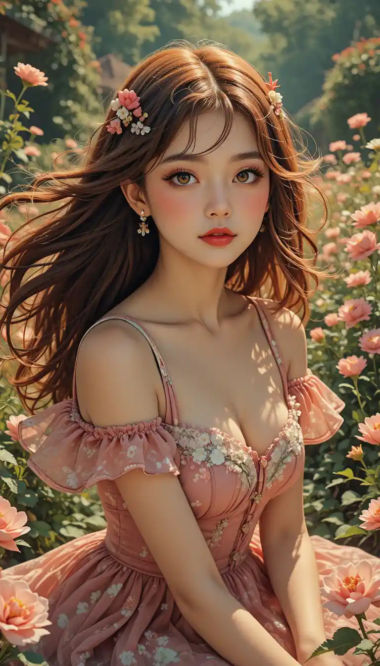 Vintage shoujo anime girl in a sunny flower garden