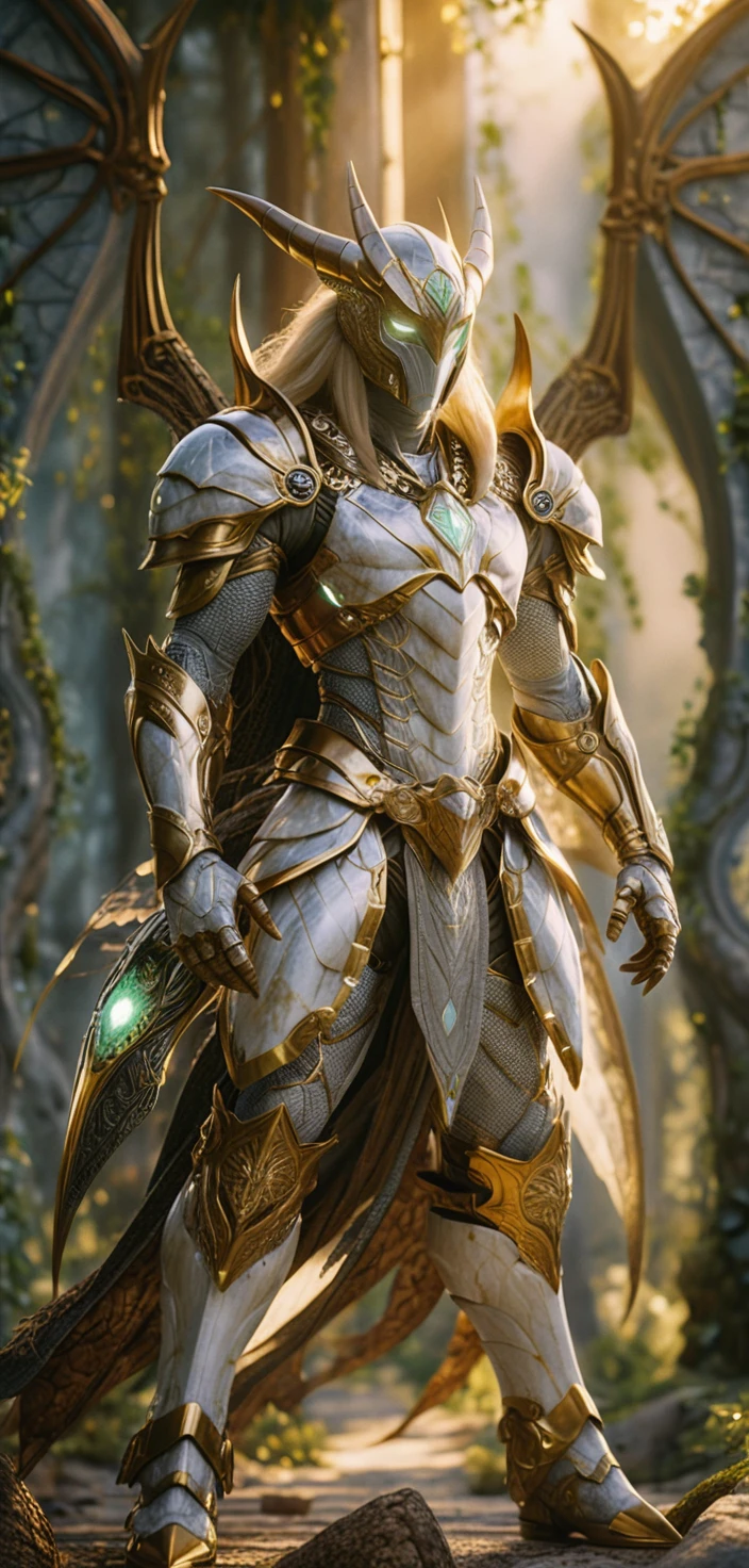 Quartz android druid leaning against a tree in ruins
