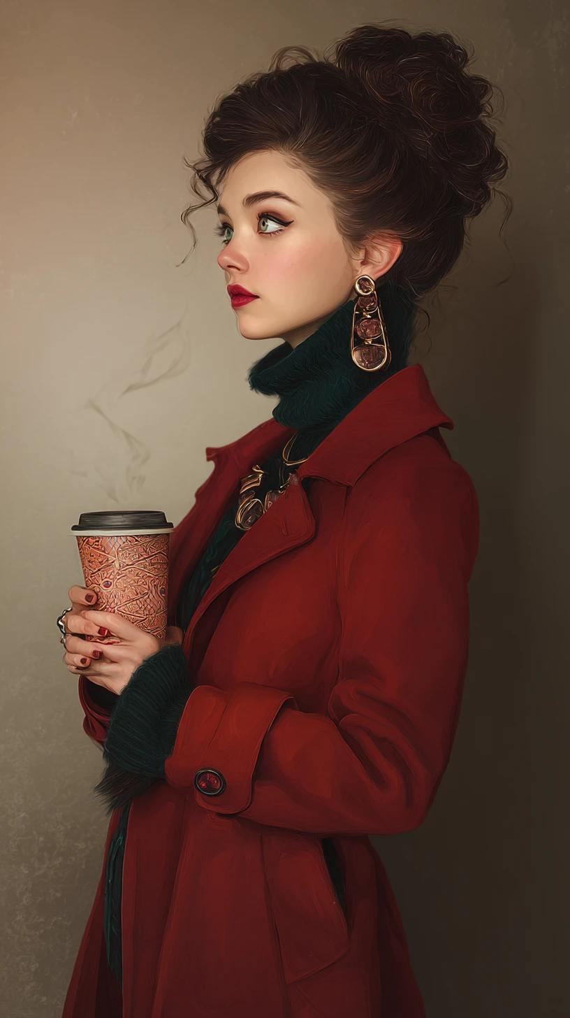 Arcane inspired woman in elegant winter fashion with coffee
