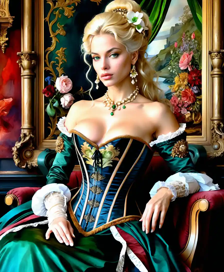 Sensual baroque woman painting in opulent royal chamber