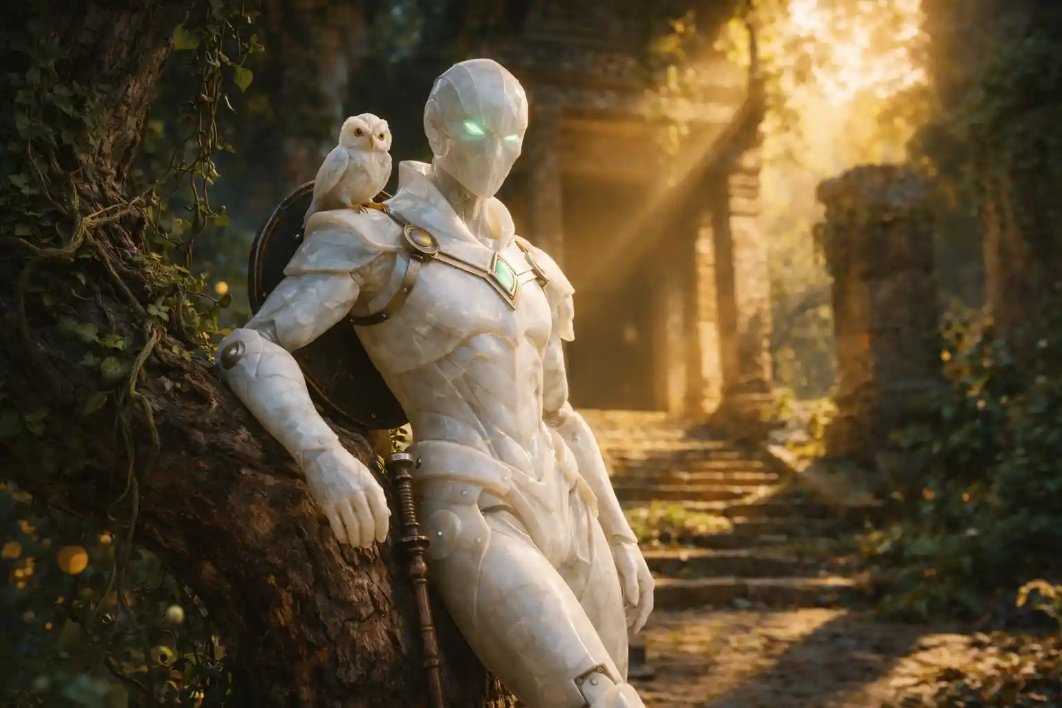 Quartz android druid leaning against a tree in ruins