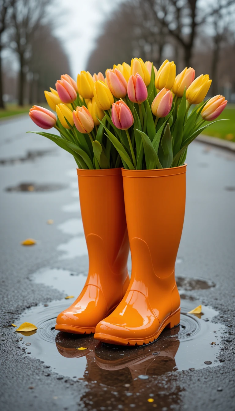 Bottes orange avec des tulipes reflétées dans une flaque de parc