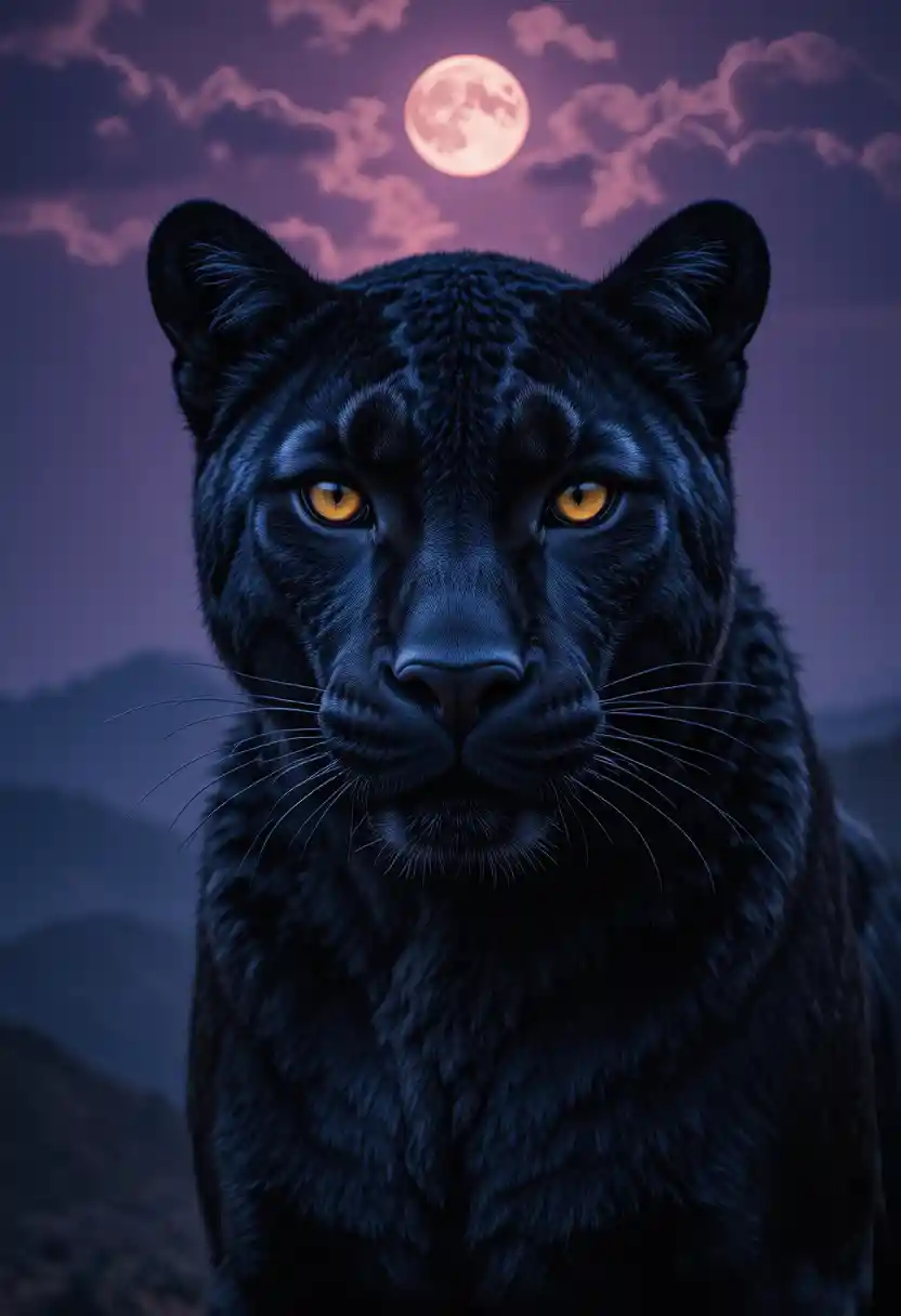 Schwarzer Panther aus nächster Nähe unter einem stimmungsvollen mondbeschienenen Nachthimmel