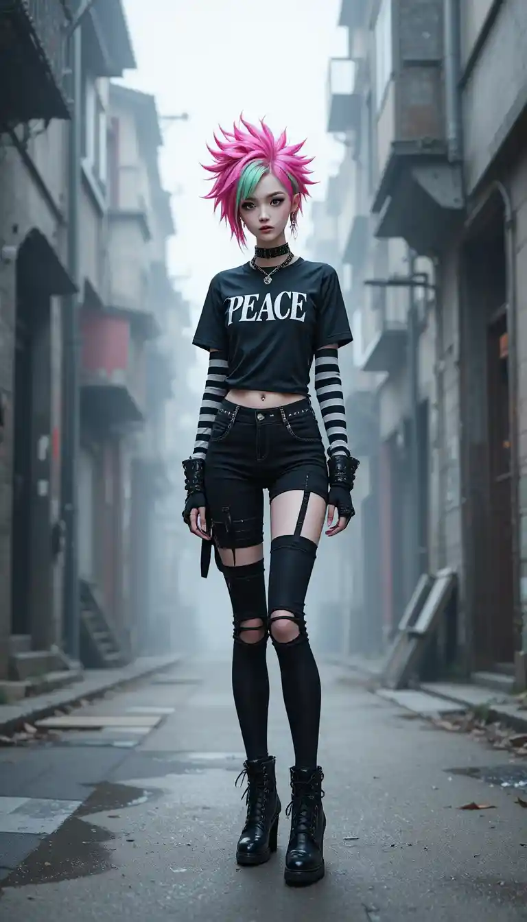 Anime punk woman in dark urban alleyway with neon hair