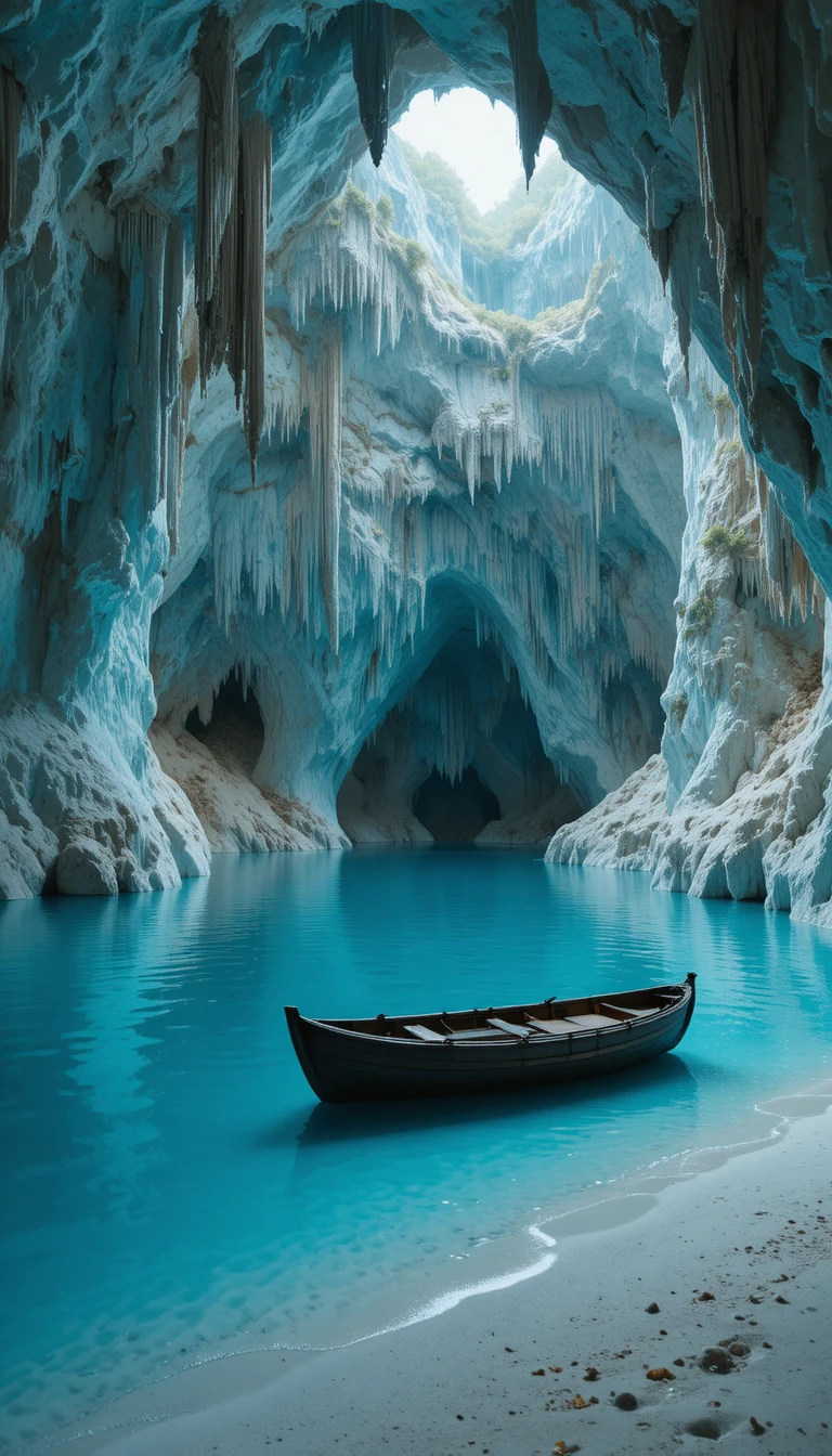 Lago tranquillo in una grotta con barca a remi e stalattiti luminose