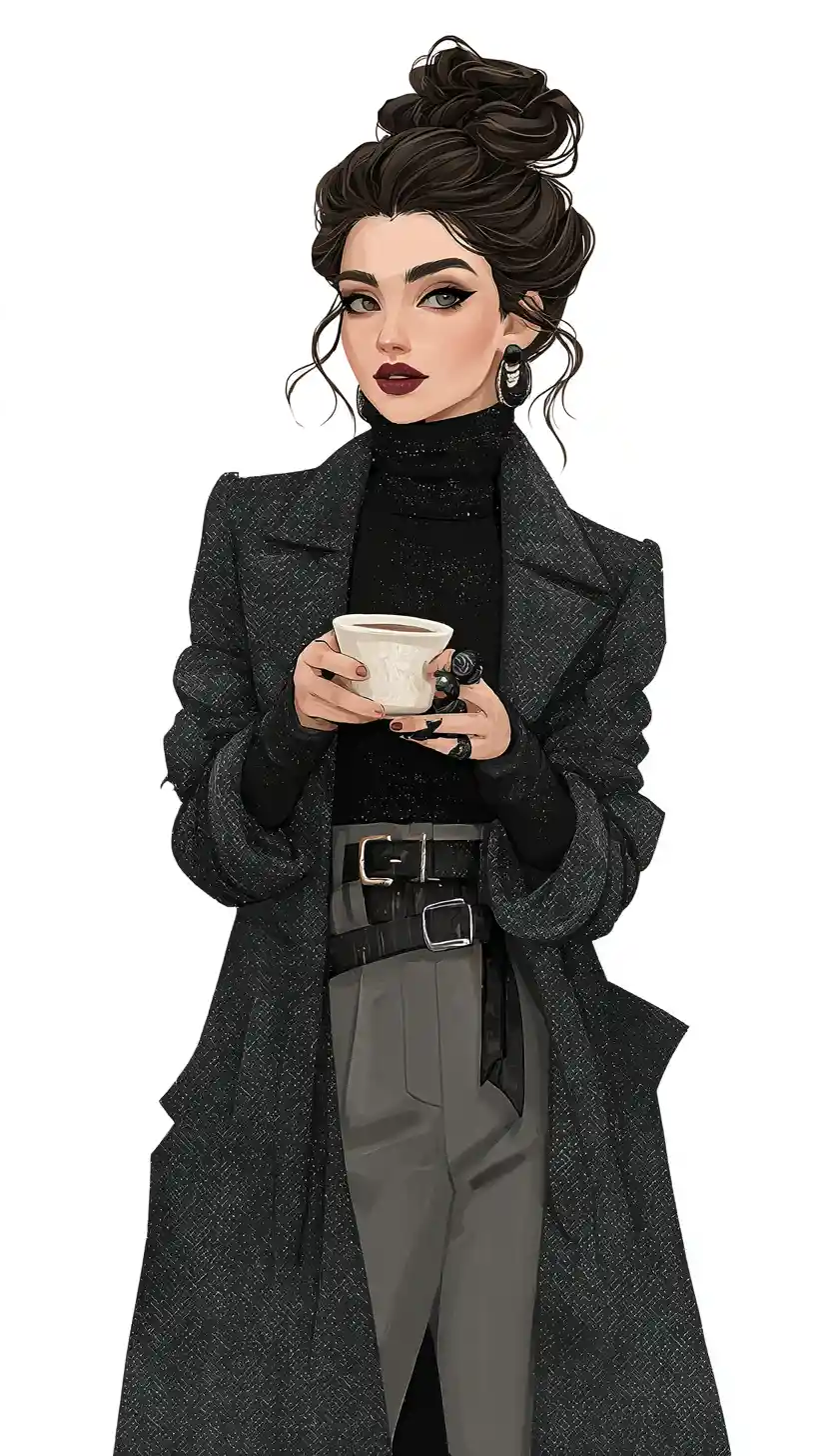洗練された冬コーデでコーヒーを楽しむスタイリッシュな女性