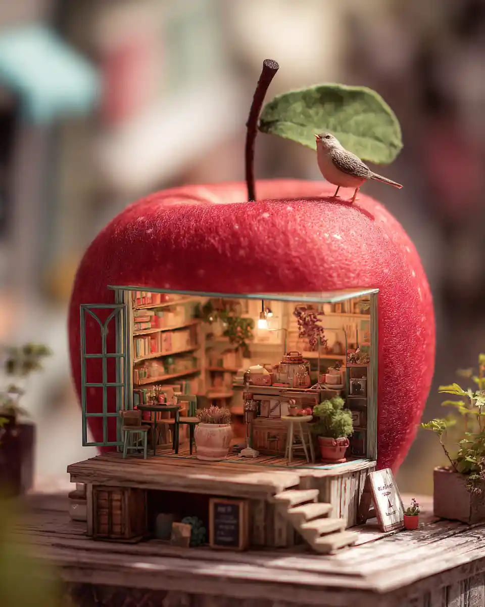 Tiny cafe hidden inside a whole red apple