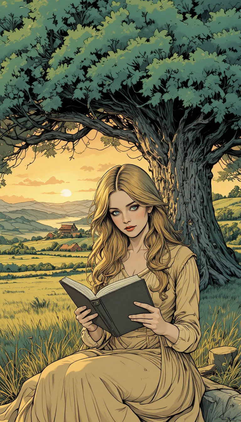 Young woman reading under an old oak at sunset