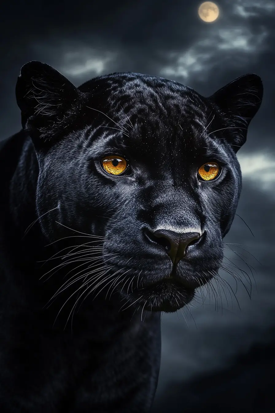 Black panther close up under a moody moonlit sky