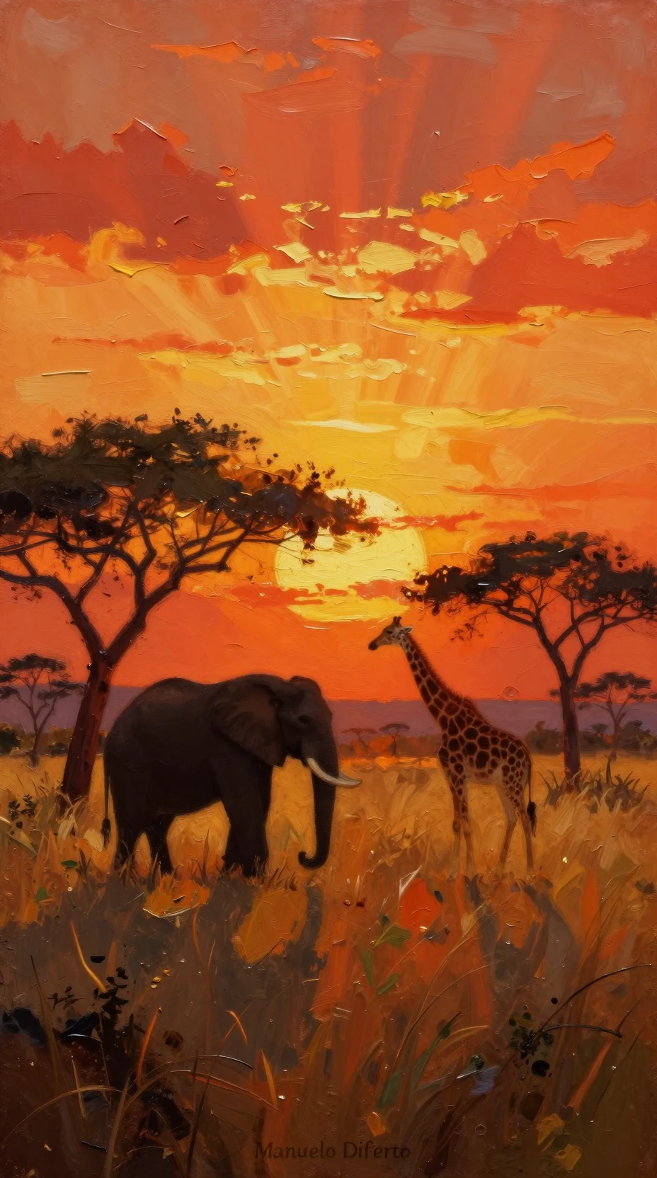 Afrikanische Savannen-Sonnenuntergangs­malerei mit Elefanten- und Giraffen­silhouetten