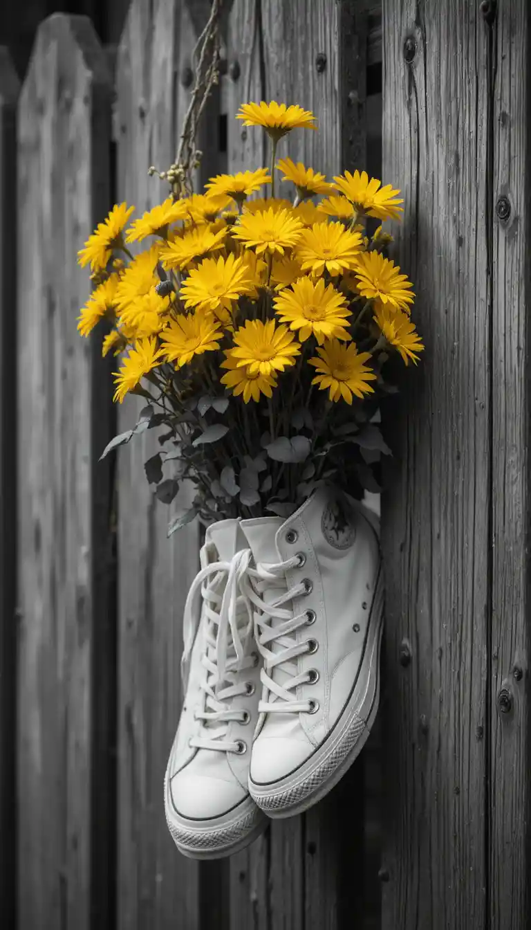 Yellow flowers in white sneakers hanging on wooden fence